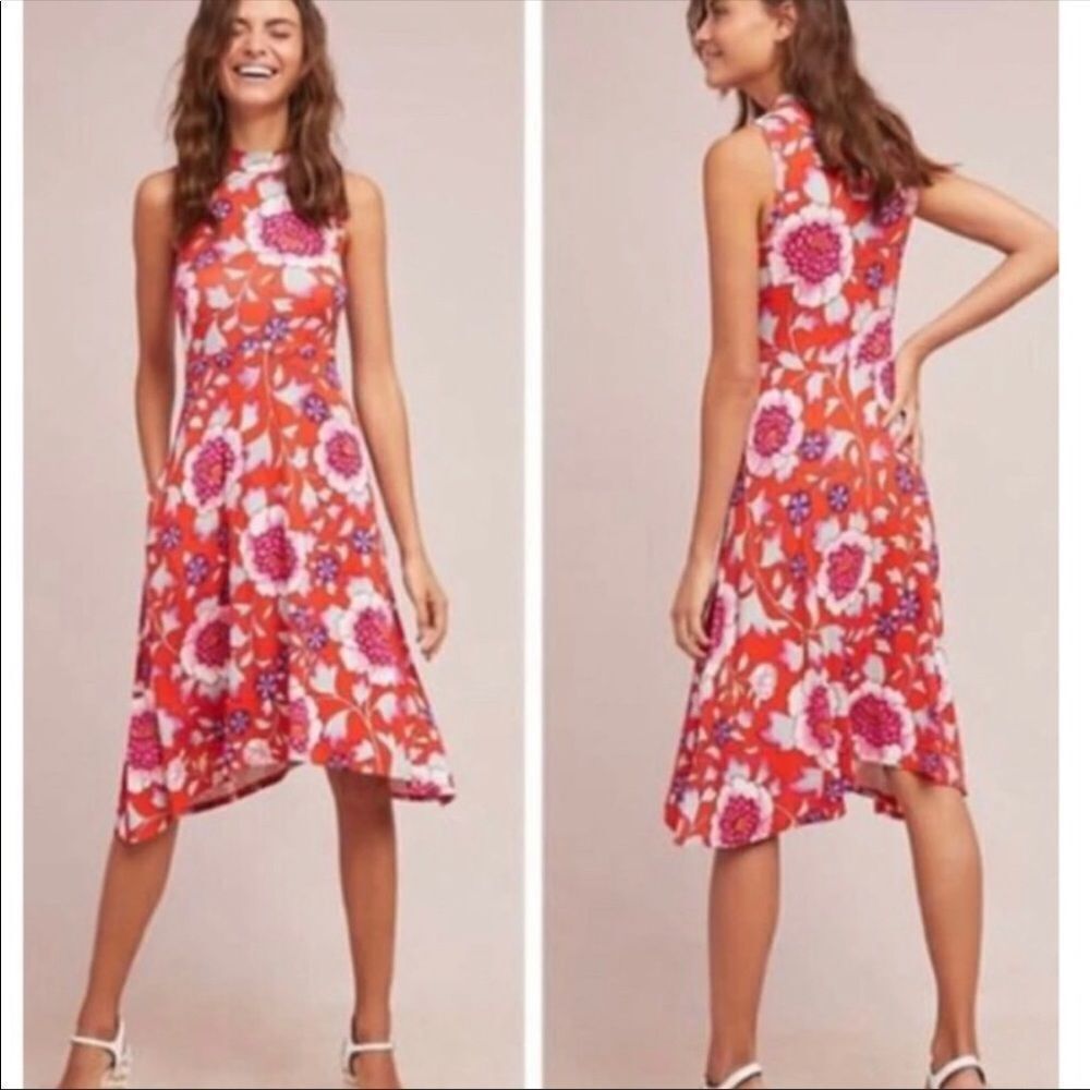 ANTHROPOLOGIE | MAEVE Cleary Orange Floral Mock Neck Midi XS